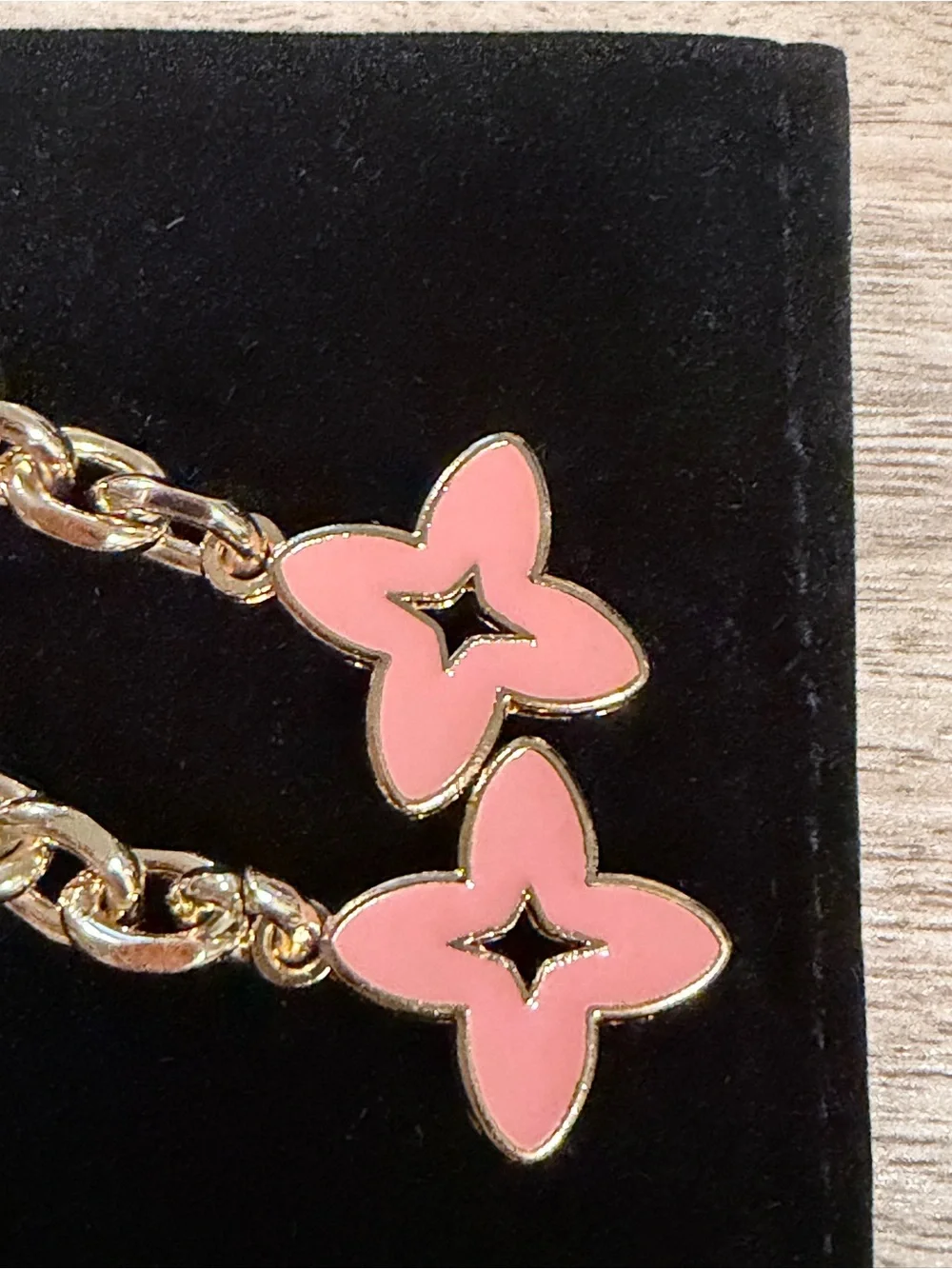 Source Unknown Gold Tone Keychain with Pink Flower Charms